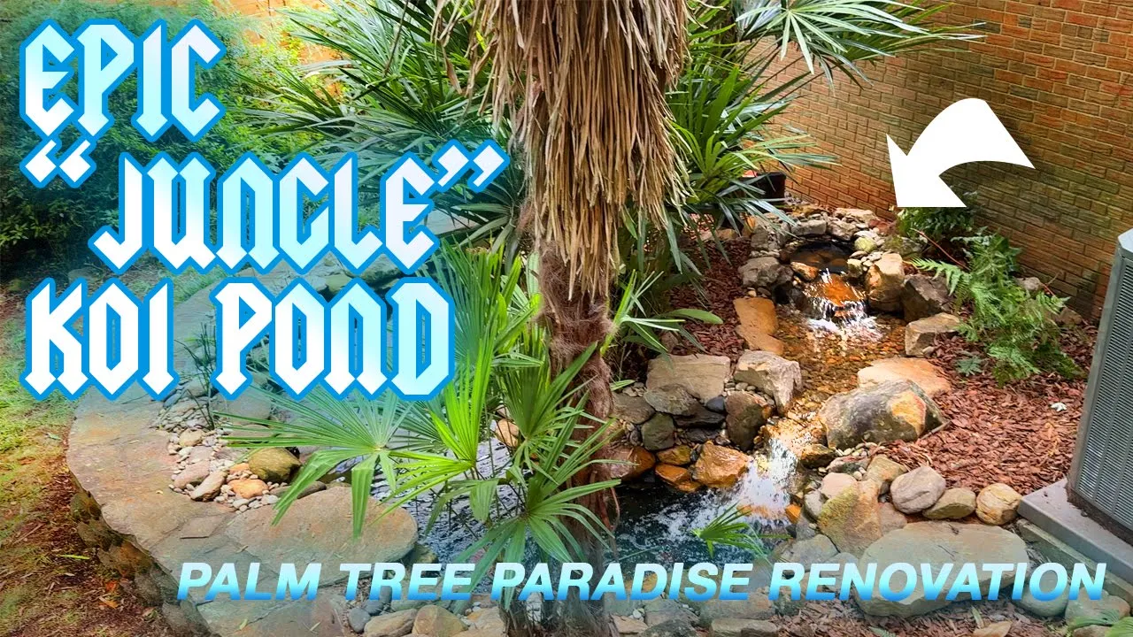 Tropical koi pond with palms and flowing water